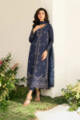 IZNIK-3PC DHANAK CHIKAN EMBROIDERED SHIRT WITH COURTRAI PRINTED SHAWL AND EMB TROUSER-ADR-4132