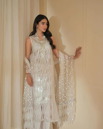 LAJ BY LAJWANTI-ORGANZA HAMNDMADE EMBLISHED EMBROIDERED FRONT SHIRT WITH ORGANZA EMBROIDERED READY TO WEAR DUPATTA-ADR-3428