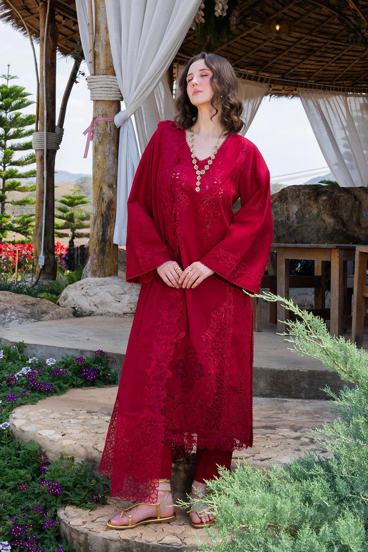 GARNET-3PC LAWN CHIKANKARI EMBROIDERED SHIRT WITH KHADDI NET EMB DUPATTA AND TROUSER-ADR-4843