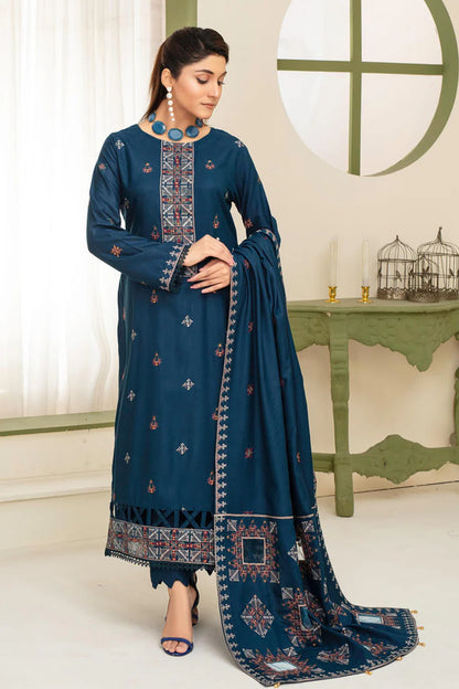 ADR-3PC DHANAK EMBROIDERED SHIRT WITH HEAVY CUTWORK EMBROIDERED DHANAK SHAWL AND TROUSER-ADR-1523
