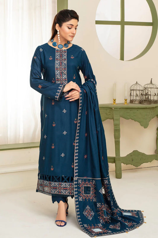 ADR-3PC DHANAK EMBROIDERED SHIRT WITH HEAVY CUTWORK EMBROIDERED DHANAK SHAWL AND TROUSER-ADR-1523