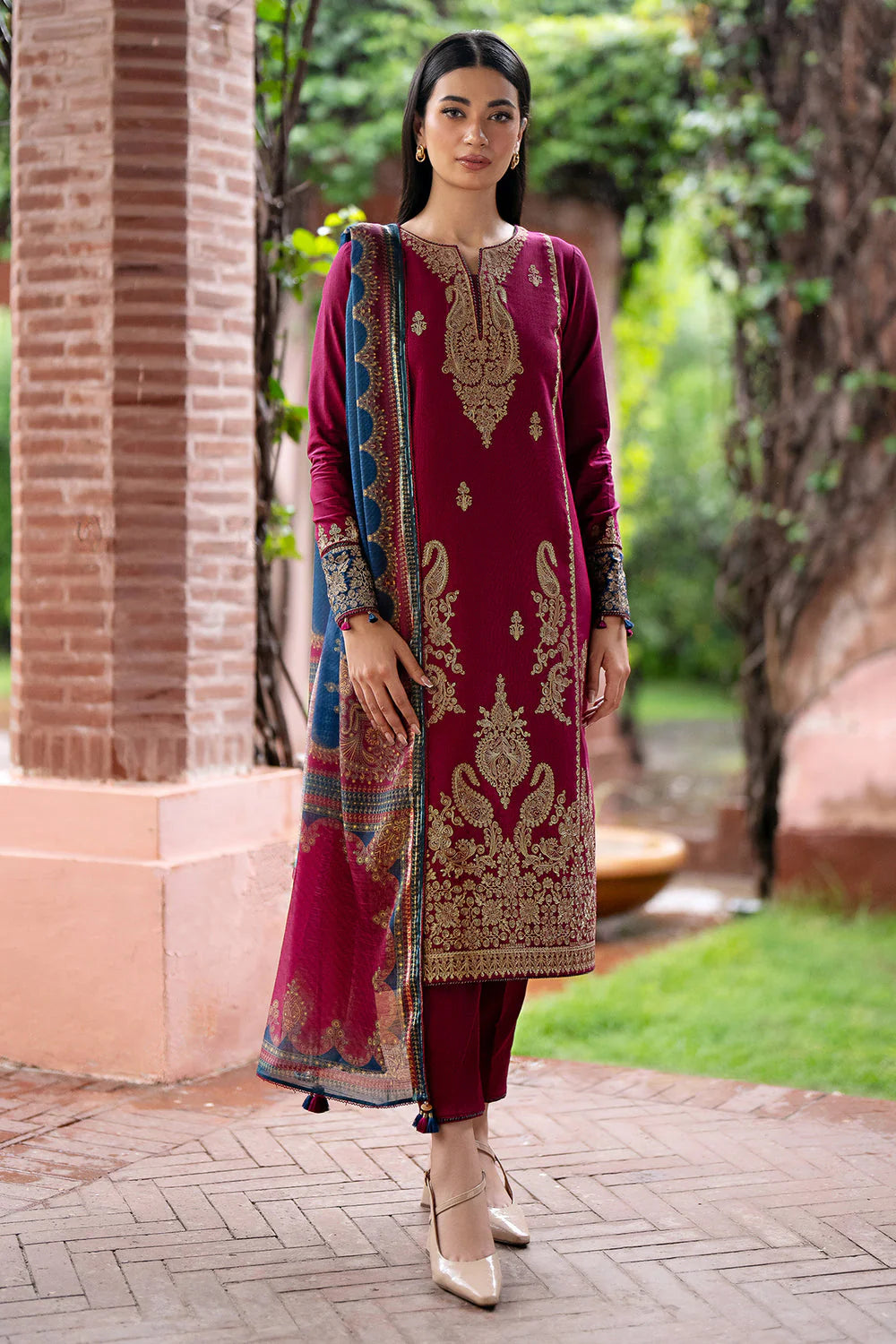 JAZMIN- 3PC DHANAK EMBROIDERED SHIRT WITH WOOL PRINT SHAWL AND TROUSER-ADR-3305-B