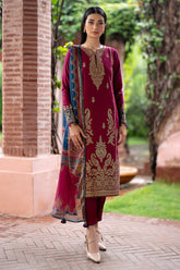 JAZMIN- 3PC DHANAK EMBROIDERED SHIRT WITH WOOL PRINT SHAWL AND TROUSER-ADR-3305-B