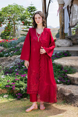 GARNET-3PC LAWN CHIKANKARI EMBROIDERED SHIRT WITH KHADDI NET EMB DUPATTA AND TROUSER-ADR-4843
