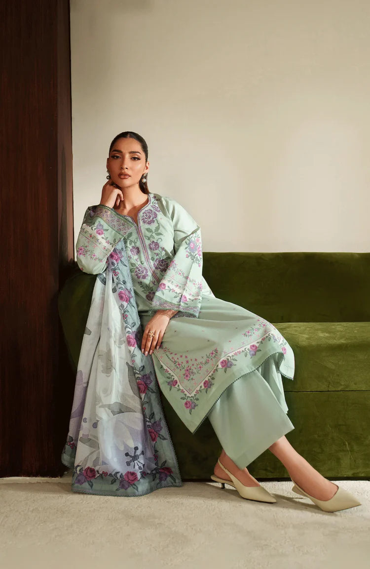 SERAN-3PC DHANAK EMBROIDERED SHIRT WITH COURTRAI PRINTED SHAWL & TROUSER-ADR-4322