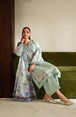 SERAN-3PC DHANAK EMBROIDERED SHIRT WITH COURTRAI PRINTED SHAWL & TROUSER-ADR-4322