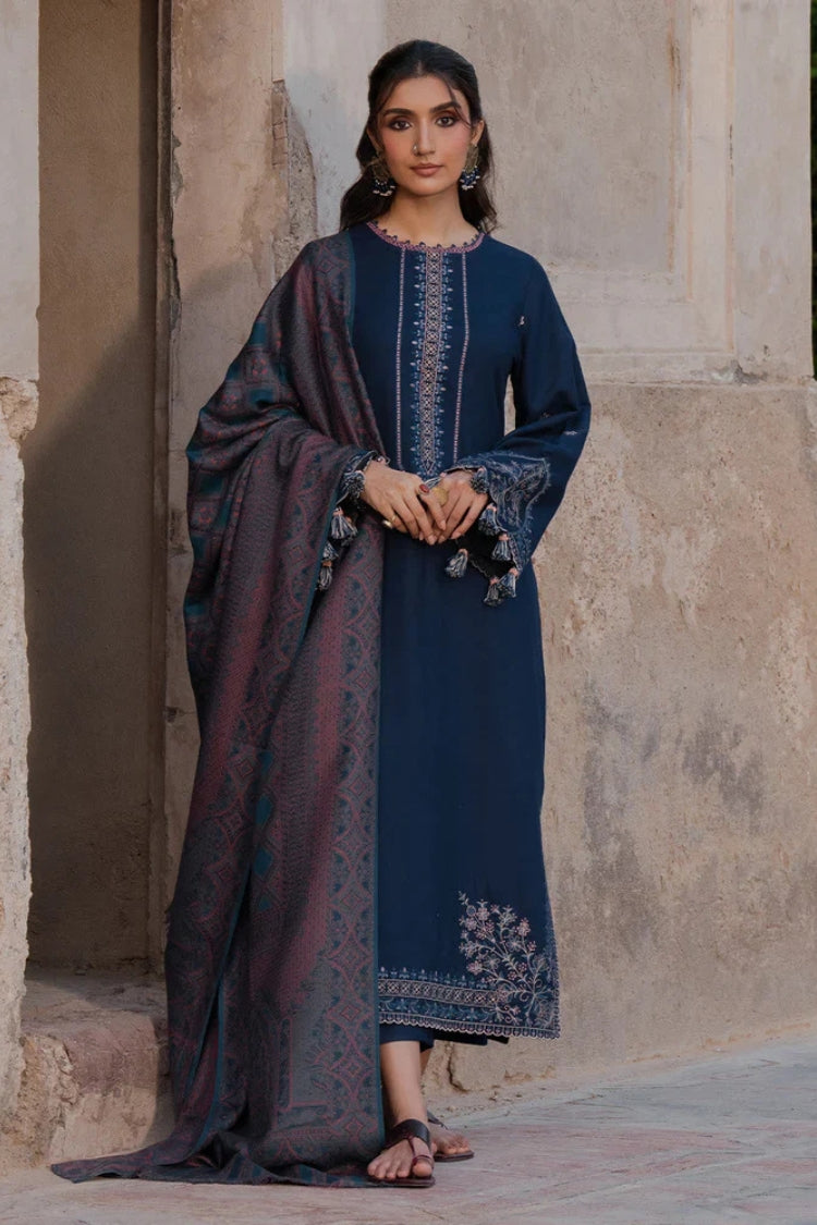 IZEL-3PC DHANAK EMBROIDERED SHIRT WITH COURTRAI PRINTED SHAWL & TROUSER-ADR-4350