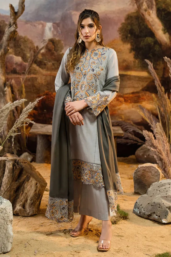 NATASHA KAMAL - 3PC DHANAK EMBROIDERED SHIRT WITH WOOL PRINT SHAWL AND TROUSER-ADR-1219