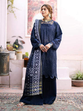 MAHNUR-3PC CHIKENKARI LAWN EMBROIDERED WITH DAIMOND PRINT DUPATTA- ADR-4026