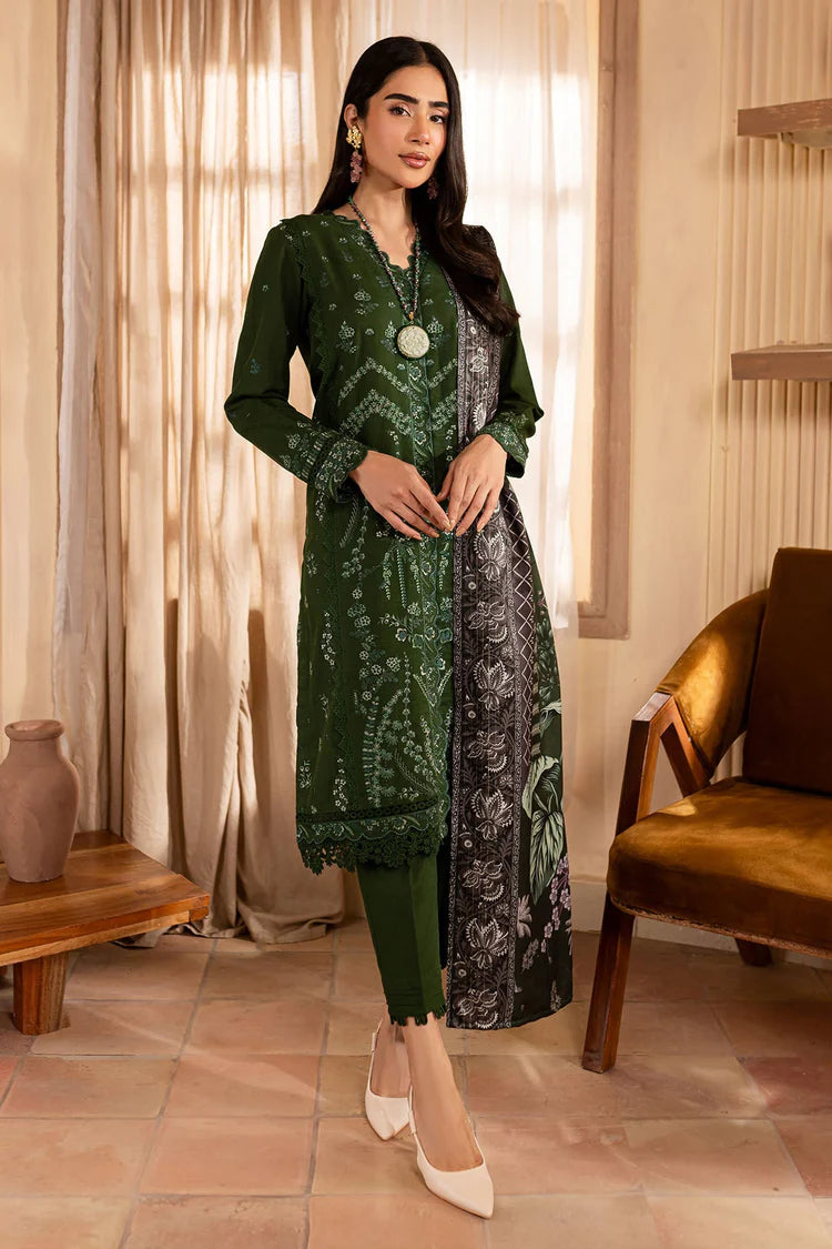 NUREH-3PC DHANAK EMBROIDERED SHIRT WITH COURTRAI PRINTED SHAWL & TROUSER-ADR-4324