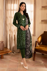 NUREH-3PC DHANAK EMBROIDERED SHIRT WITH COURTRAI PRINTED SHAWL & TROUSER-ADR-4324