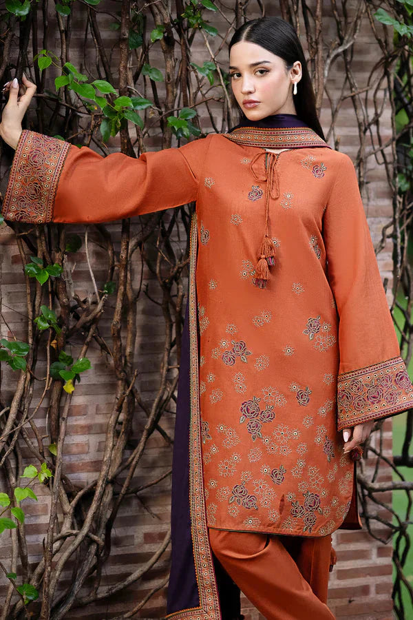 JAZMIN- 3PC DHANAK EMBROIDERED SHIRT WITH WOOL PRINT SHAWL AND TROUSER-ADR-3293