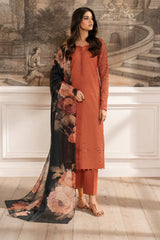 IZNIK-3PC DHANAK CHIKAN EMBROIDERED SHIRT WITH COURTRAI PRINTED SHAWL AND TROUSER -4188