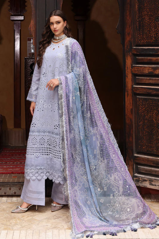 NUREH-3PC LAWN CHIKANKARI EMBROIDERED SHIRT WITH MONARK PRINTED DUPATTA AND EMB TRPUSER-ADR-3709