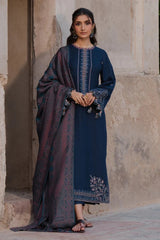 IZEL-3PC DHANAK EMBROIDERED SHIRT WITH COURTRAI PRINTED SHAWL & TROUSER-ADR-4350