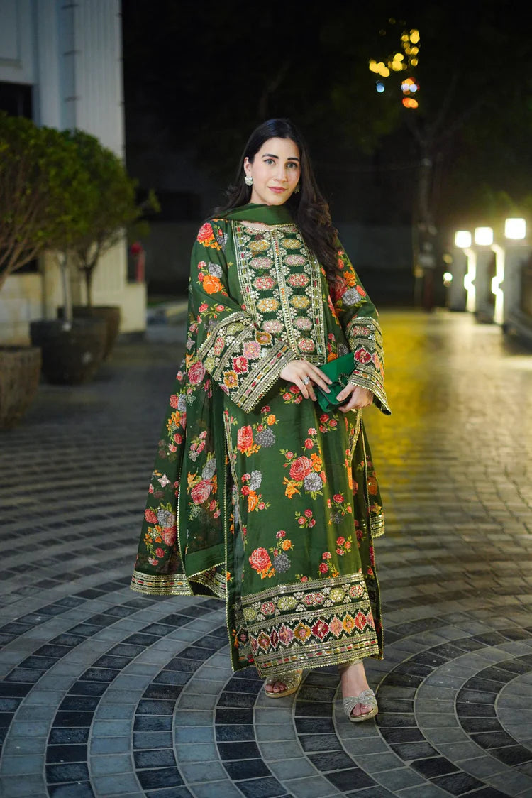 BAROQUE-3PC SHAMOZE SILK PRINTED EMBROIDERED SHIRT WITH SOFT SILK PRINTED EMB DUPATTA & PRINTED TROUSER-ADR-1739