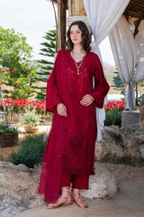 GARNET-3PC LAWN CHIKANKARI EMBROIDERED SHIRT WITH KHADDI NET EMB DUPATTA AND TROUSER-ADR-4843