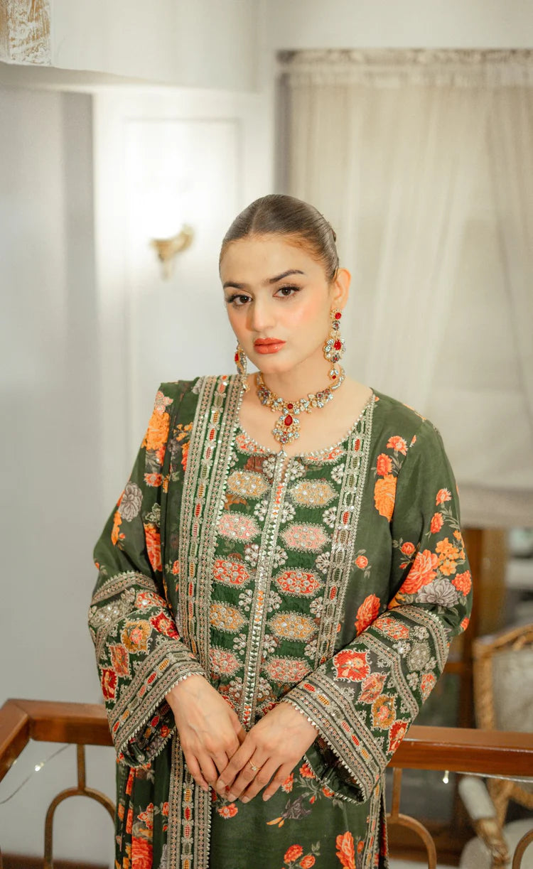 BAROQUE-3PC SHAMOZE SILK PRINTED EMBROIDERED SHIRT WITH SOFT SILK PRINTED EMB DUPATTA & PRINTED TROUSER-ADR-1739