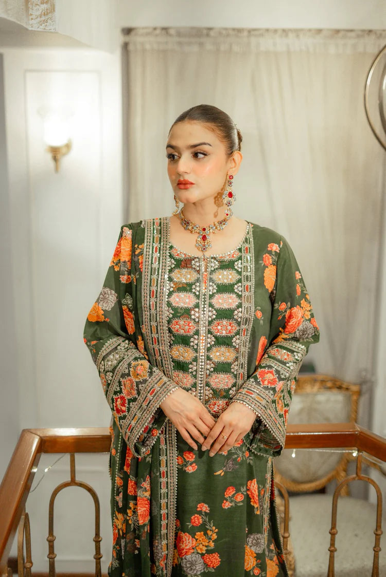 BAROQUE-3PC SHAMOZE SILK PRINTED EMBROIDERED SHIRT WITH SOFT SILK PRINTED EMB DUPATTA & PRINTED TROUSER-ADR-1739