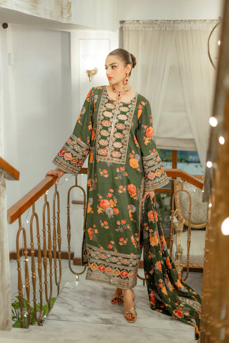 BAROQUE-3PC SHAMOZE SILK PRINTED EMBROIDERED SHIRT WITH SOFT SILK PRINTED EMB DUPATTA & PRINTED TROUSER-ADR-1739