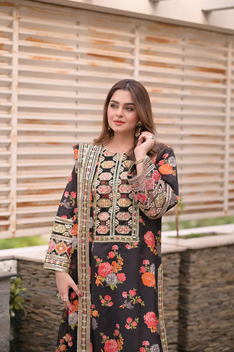 BAROQUE-3PC SHAMOZE SILK PRINTED EMBROIDERED SHIRT WITH SOFT SILK PRINTED EMB DUPATTA & PRINTED TROUSER ADR-1705