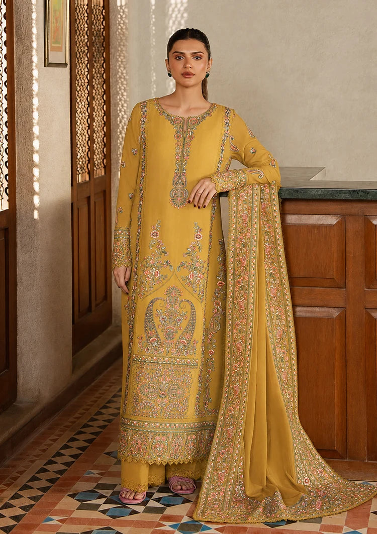 AFROZEH-3PC DHANAK EMBROIDERED SHIRT WITH DHANAK EMB SHAWL AND TROUSER-ADR-5209