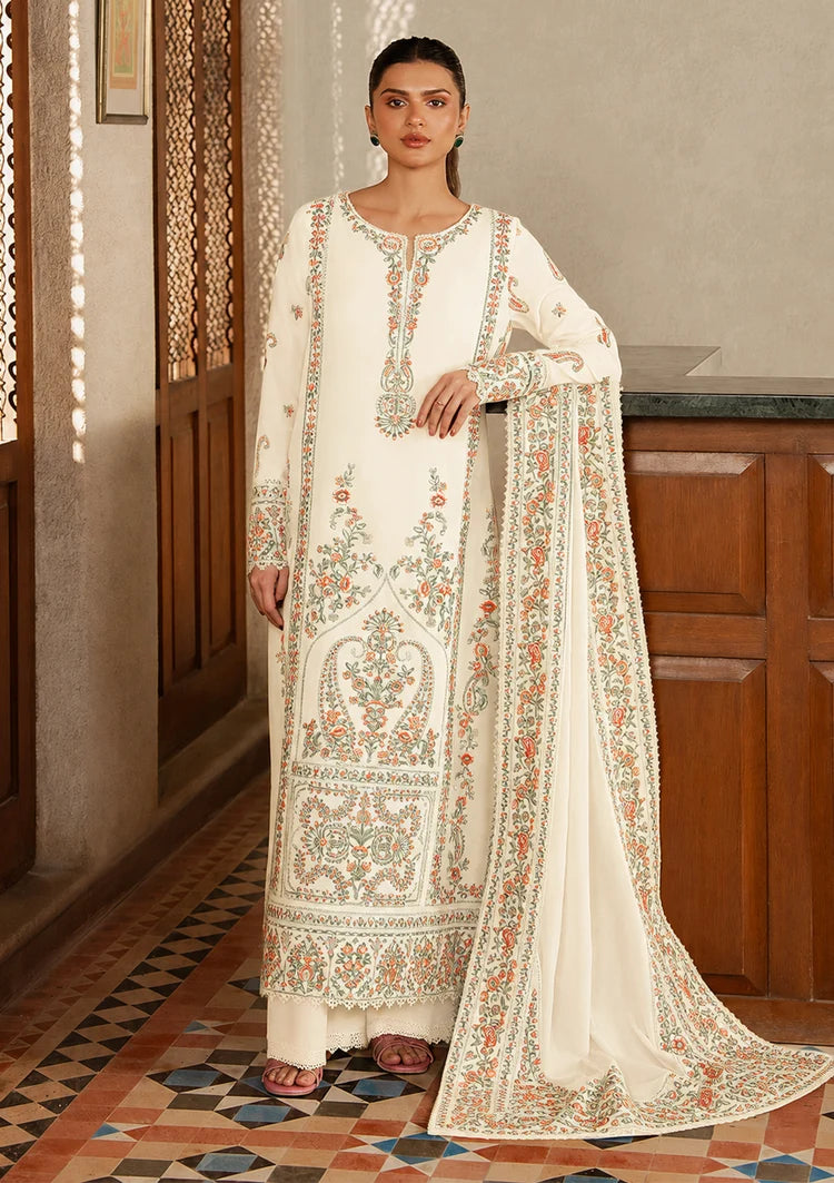 AFROZEH-3PC DHANAK EMBROIDERED SHIRT WITH DHANAK EMB SHAWL AND TROUSER-ADR-5208