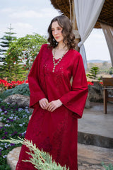 GARNET-3PC LAWN CHIKANKARI EMBROIDERED SHIRT WITH KHADDI NET EMB DUPATTA AND TROUSER-ADR-4843