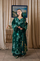 MARYAM HUSSAIN-3PC DHANAK CHIKAN EMBROIDERED SHIRT WITH COUTRAI PRINTED SHAWL AND TROUSER-ADR-5300