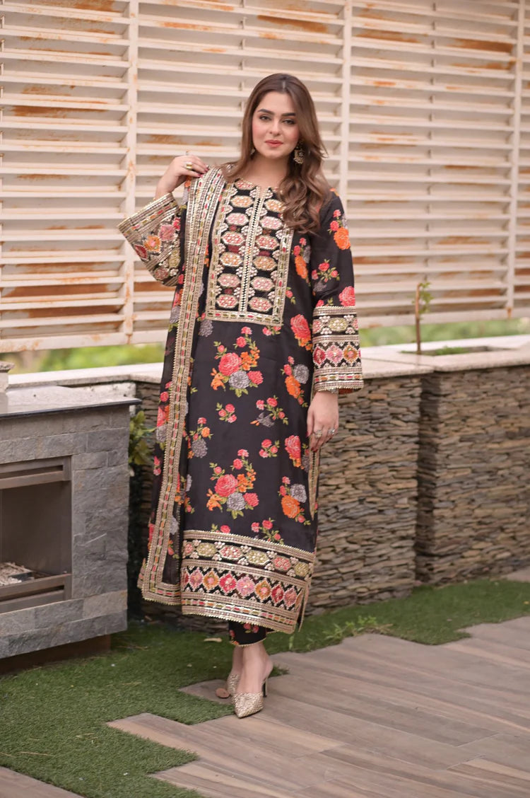 BAROQUE-3PC SHAMOZE SILK PRINTED EMBROIDERED SHIRT WITH SOFT SILK PRINTED EMB DUPATTA & PRINTED TROUSER ADR-1705