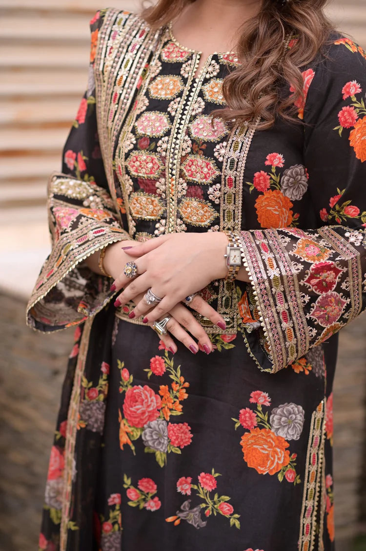 BAROQUE-3PC SHAMOZE SILK PRINTED EMBROIDERED SHIRT WITH SOFT SILK PRINTED EMB DUPATTA & PRINTED TROUSER ADR-1705