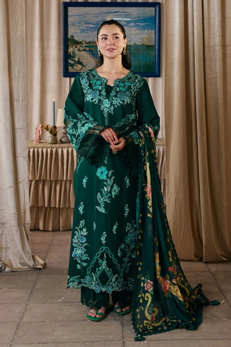 MARYAM HUSSAIN-3PC DHANAK CHIKAN EMBROIDERED SHIRT WITH COUTRAI PRINTED SHAWL AND TROUSER-ADR-5300