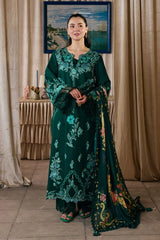 MARYAM HUSSAIN-3PC DHANAK CHIKAN EMBROIDERED SHIRT WITH COUTRAI PRINTED SHAWL AND TROUSER-ADR-5300