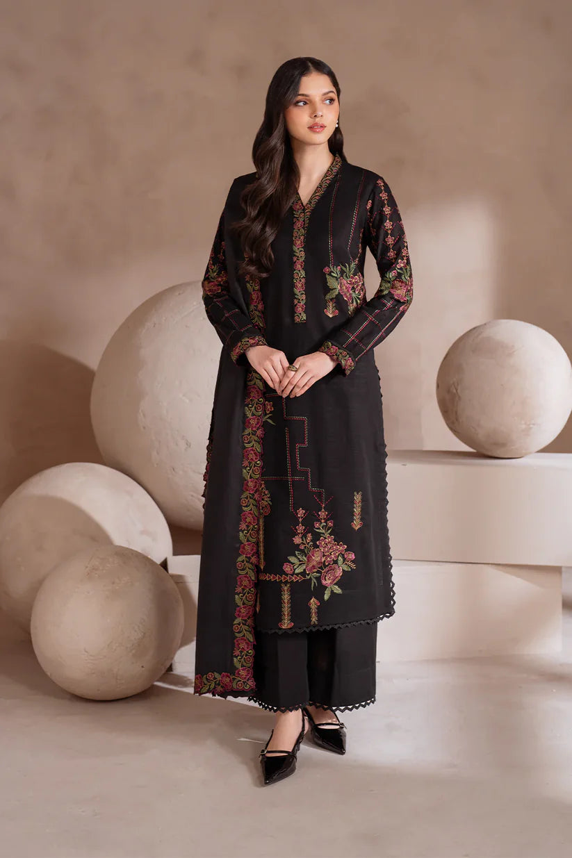 IZNIK-3PC DHANAK EMBROIDERED SHIRT WITH DHANAK EMBROIDERED SHAWL & TROUSER-ADR-3408