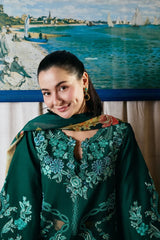 MARYAM HUSSAIN-3PC DHANAK CHIKAN EMBROIDERED SHIRT WITH COUTRAI PRINTED SHAWL AND TROUSER-ADR-5300