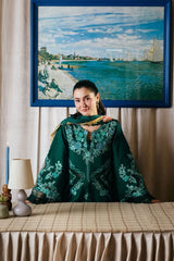 MARYAM HUSSAIN-3PC DHANAK CHIKAN EMBROIDERED SHIRT WITH COUTRAI PRINTED SHAWL AND TROUSER-ADR-5300