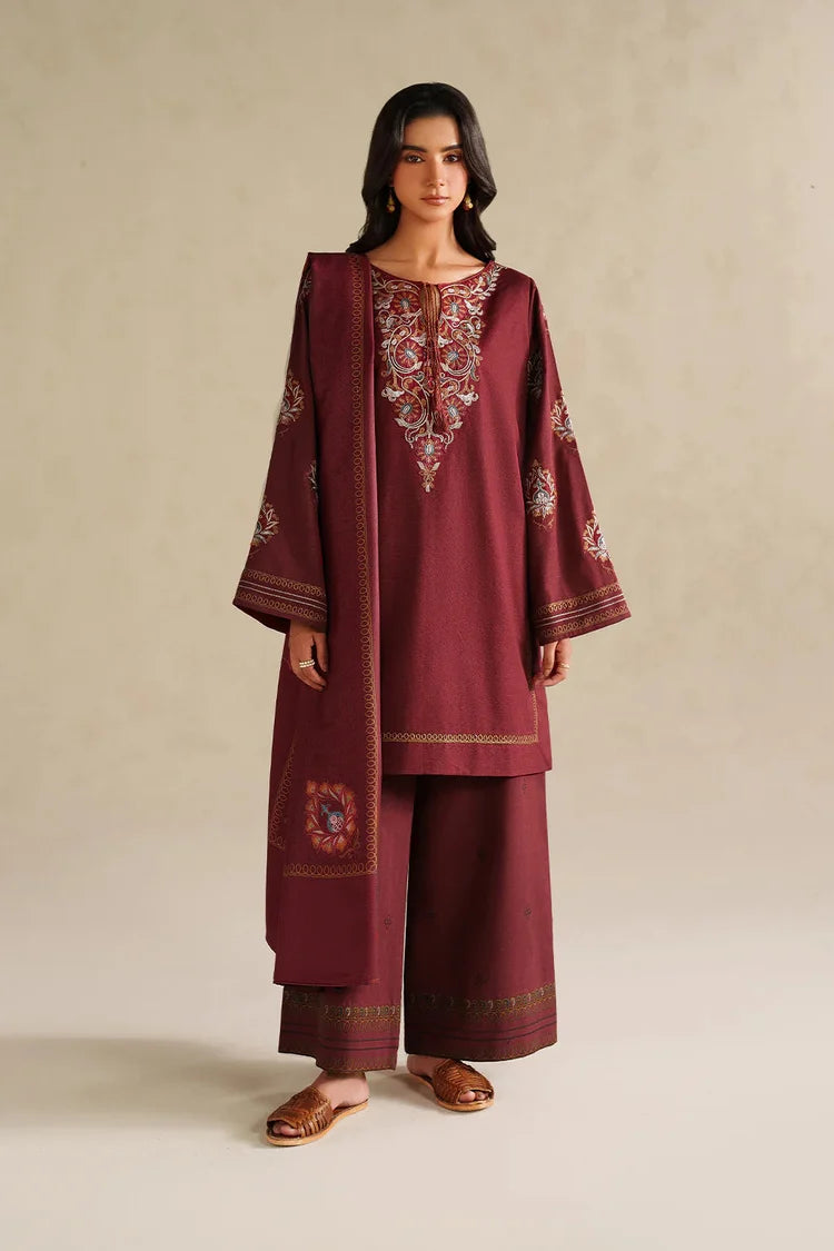 IZNIK-3PC DHANAK EMBROIDERED SHIRT WITH DHANAK EMBROIDERED SHAWL AND EMB TROUSER -ADR-5164