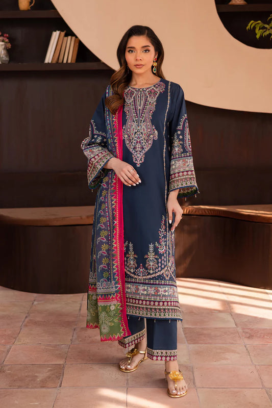 BATIK-3PC DHANAK SEQUENCE EMBROIDERED SHIRT WITH COUTRAI PRINTED SHAWL & DHANAK EMB TOUSER-ADR-4183