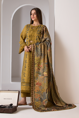 SOBIA NAZIR-3PC DHANAK EMBROIDERED SHIRT WITH COURTRAI WOOL PRINTED SHAWL AND TROUSER-ADR-5275
