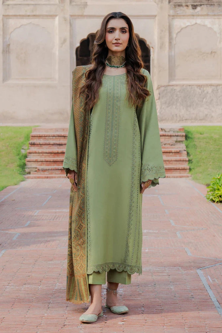 IZEL-3PC DHANAK EMBROIDERED SHIRT WITH COURTRAI PRINTED SHAWL & TROUSER-ADR-4349