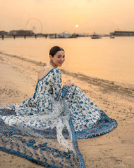 FAIZA SAQLAIN-FROCK 3PC LAWN EMBROIDERED SHIRT WITH NET EMBROIDERED DUPATTA AND TROUSER-ADR-4847