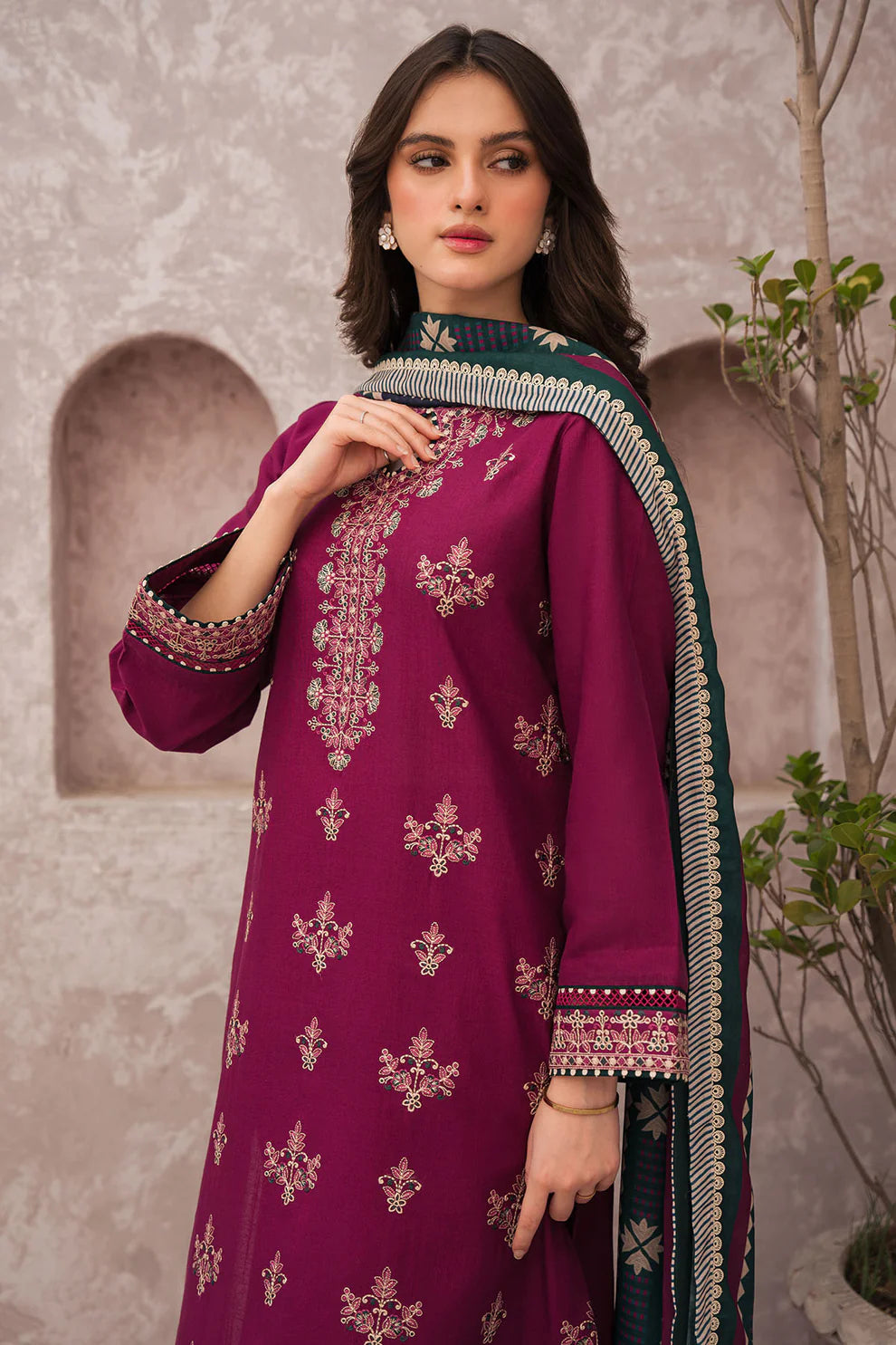 JAZMIN 3PC LAWN EMBROIDERED SHIRT WITH MONARK PRINT DUAPATTA-ADR- 3505