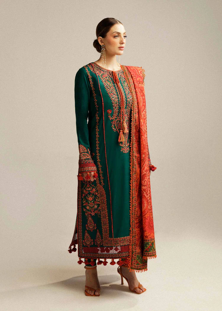 HUSSAIN REHAR-3PC DHANAK EMBROIDERED SHIRT WITH COURTRAI PRINTED SHAWL AND TROUSER-ADR-