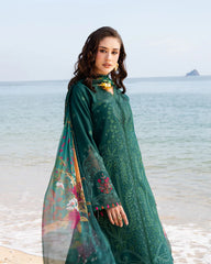 JADE-3PC LAWN CHIKAN EMBROIDERED SHIRT WITH CHIFFON PRINTED DUPATTA AND TROUSER-ADR-4877