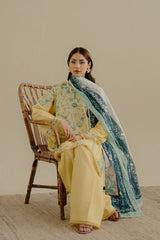 ZARASHAHJAHAN-3PC DHANAK EMBROIDERED SHIRT WITH COURTRAI WOOL PRINTED SHAWL AND TROUSER-ADR-4066