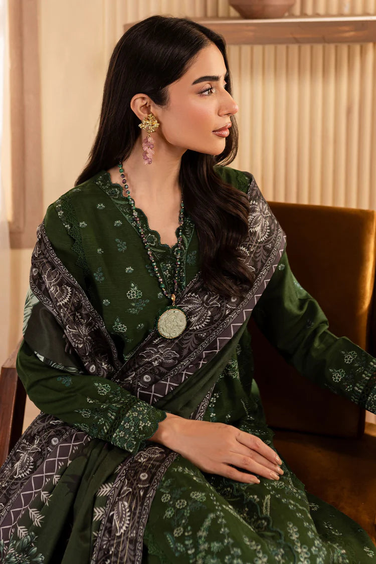 NUREH-3PC DHANAK EMBROIDERED SHIRT WITH COURTRAI PRINTED SHAWL & TROUSER-ADR-4324