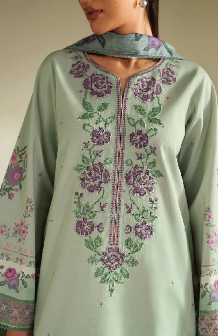 SERAN-3PC DHANAK EMBROIDERED SHIRT WITH COURTRAI PRINTED SHAWL & TROUSER-ADR-4322