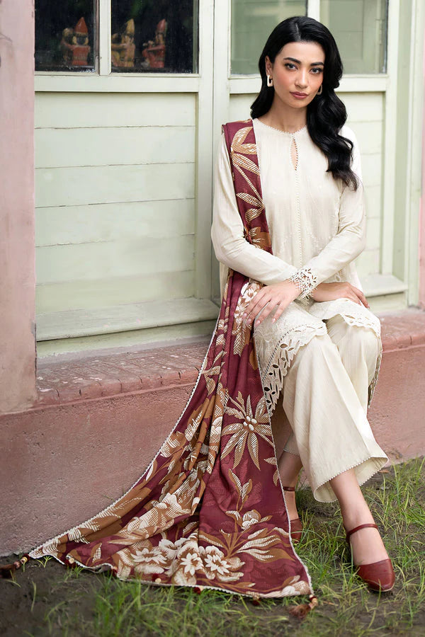 JAZMIN- 3PC DHANAK EMBROIDERED SHIRT WITH WOOL PRINT SHAWL AND TROUSER-ADR-3320-B