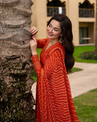 FAIZA SAQLAIN-FROCK 3PC LAWN EMBROIDERED SHIRT WITH CHUNRI PRINTED EMBROIDERED DUPATTA AND TROUSER-ADR-4866
