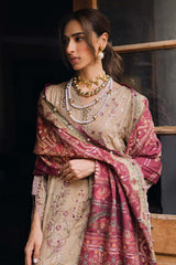 NUREH-3PC DHANAK EMBROIDERED SHIRT WITH COURTRAI PRINTED SHAWL & TROUSER-ADR-4341